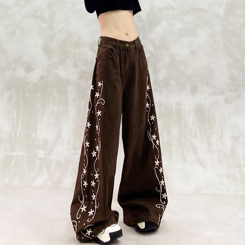 刺绣花设计感抓绒休闲牛仔裤女