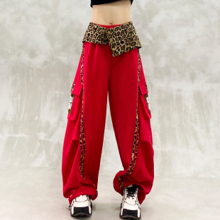 高腰宽松显瘦百搭直筒香蕉裤 洋气拼接豹纹口袋休闲弯刀裤 女春新款