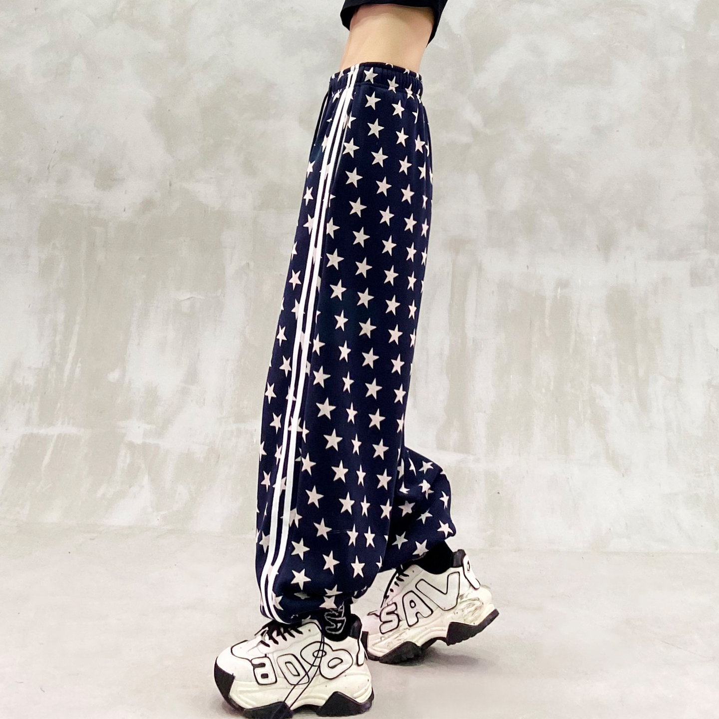 侧边条纹设计加绒加厚休闲裤