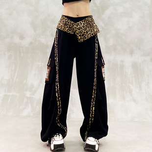 高腰宽松显瘦百搭直筒香蕉裤 豹纹拼接设计潮牌休闲弯刀裤 女春新款