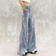子 高腰宽松显瘦百搭阔腿裤 闪亮侧边烫钻设计微喇叭牛仔裤 女春新款