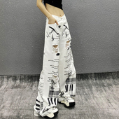 高腰宽松显瘦百搭直筒阔腿裤 字母印花破洞白色休闲牛仔裤 女夏新款