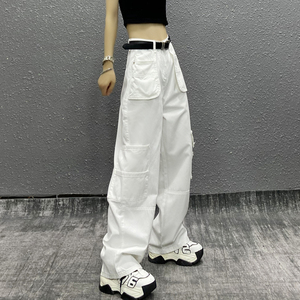 白色休闲牛仔裤女帅气百搭2023夏新款高腰宽松显瘦直筒口袋工装裤