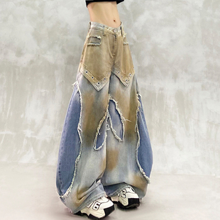 潮牌高腰宽松显瘦百搭香蕉裤 帅气水洗拼接设计牛仔弯刀裤 女春新款