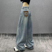 侧边拼色高腰宽松加绒休闲牛仔裤 显瘦百搭直筒阔腿裤 女冬新款 个性