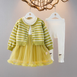 女童条纹针织衫纱裙儿童三件套1-2-3岁春装女宝宝洋气公主裙套装