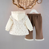 潮 女宝宝加绒保暖卫衣套装 女童加绒初冬装 碎花棉服三件套秋冬新款