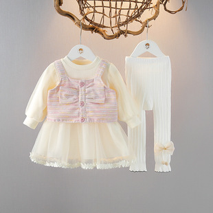 女宝宝长袖纱裙春装儿童三件套1-2-3岁女童洋气公主裙时髦裙套装