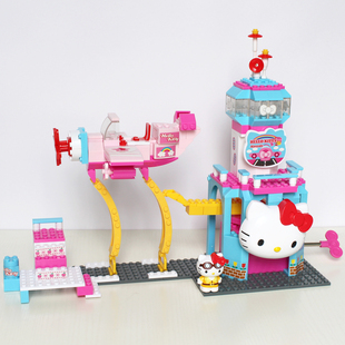 HelloKitty拼装积木女孩儿童玩具小飞机音乐盒6岁生日礼物摩天轮