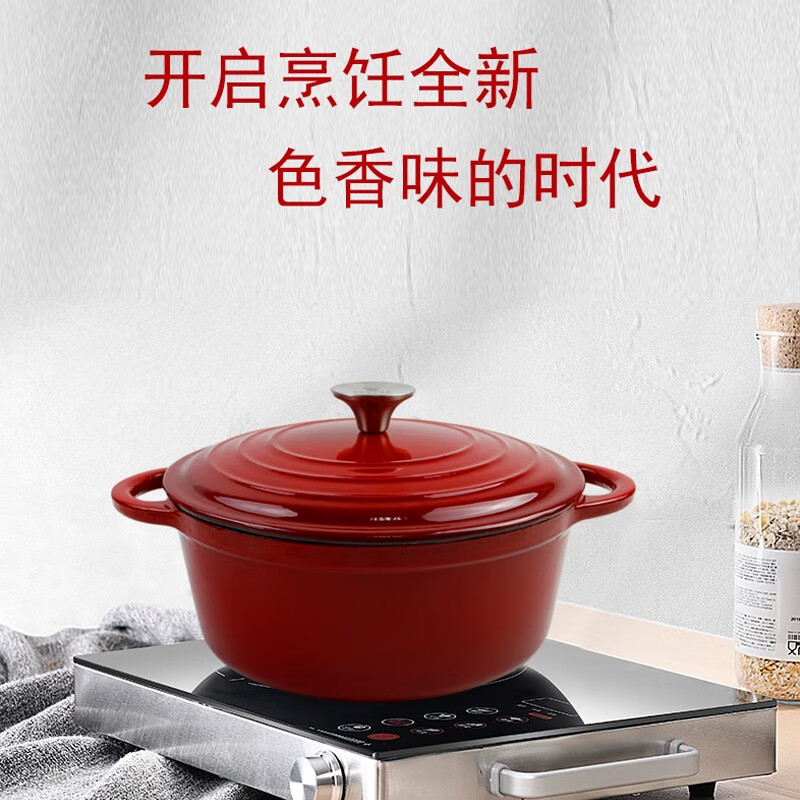 康宁珐琅锅铸铁锅焖焗锅家用多功能炖锅海鲜锅煲汤锅不粘煮锅22CM