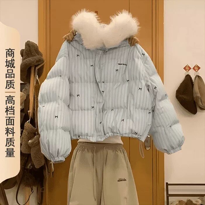 美式条纹蝴蝶结羽绒棉服女冬季2棉衣/棉服
