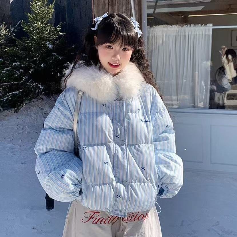 韩系甜美毛茸茸蝴蝶结连帽棉服女棉衣/棉服