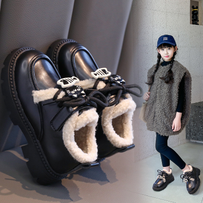 女童加绒皮鞋二棉保暖乐福鞋