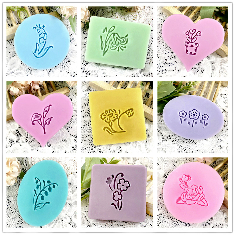 清新可爱小花朵图案亚克力透明印章皂印带手柄陶泥手工香皂肥皂章