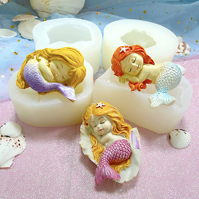 3D立体美人鱼模型硅胶模具 翻糖蛋糕装饰巧克力树脂香薰石膏冰雕