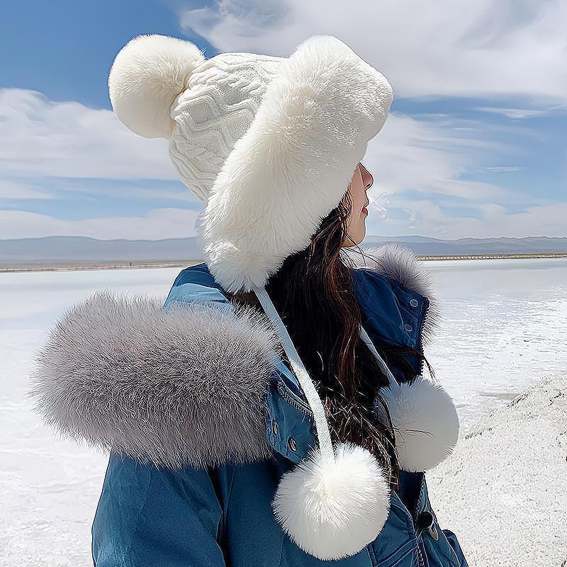 帽子女士秋冬套头帽三毛球可爱加绒加厚雪山防寒保暖纯色针织帽子