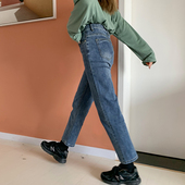赛小懒深蓝色宽松直筒高腰牛仔裤女2020秋季新款显瘦百搭九分裤子