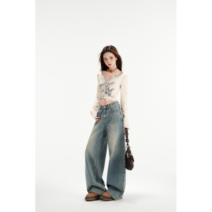 高腰宽松显瘦垂感直筒裤 男女2026年新款 复古阔腿牛仔裤 赛小懒美式