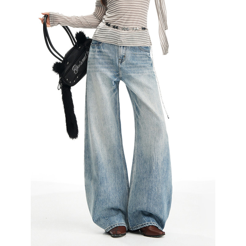 赛小懒2025新款韩版辣妹高腰重工水洗弯刀无弹低腰宽松阔腿牛仔裤