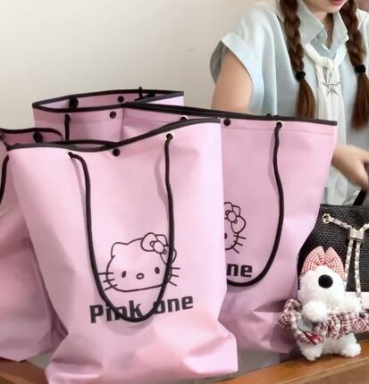 加厚款穿绳手提袋可定制店名女装童装服装袋方底水桶款编织打结绳