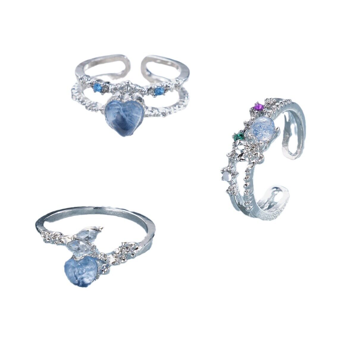 OPEN RINGS AQUA BLUE HEART MOONLIGHT ZIRCON OPEN RING WOMENS NICHE INDEX FINGER RING DELICATE ADJUSTABLE RING