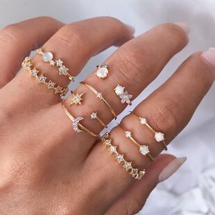 rings women 9pcs set jewelry 星芒月牙关节戒指女9件套装戒指潮