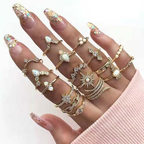 Ring set 17 Piece Set 小众关节戒指组套17件套镶钻六芒星戒指女