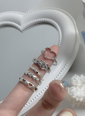 rings简约覆古开 口爱心戒指5件套镂空爱心ins冷淡风小众设计食指