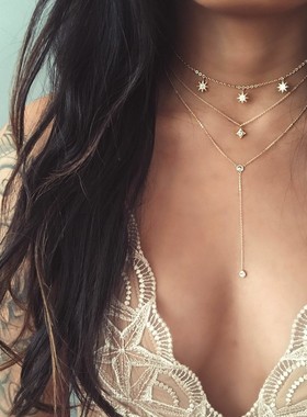 necklace women 镶钻多层颈链 星星菱形锁骨链简约三层项链项圈