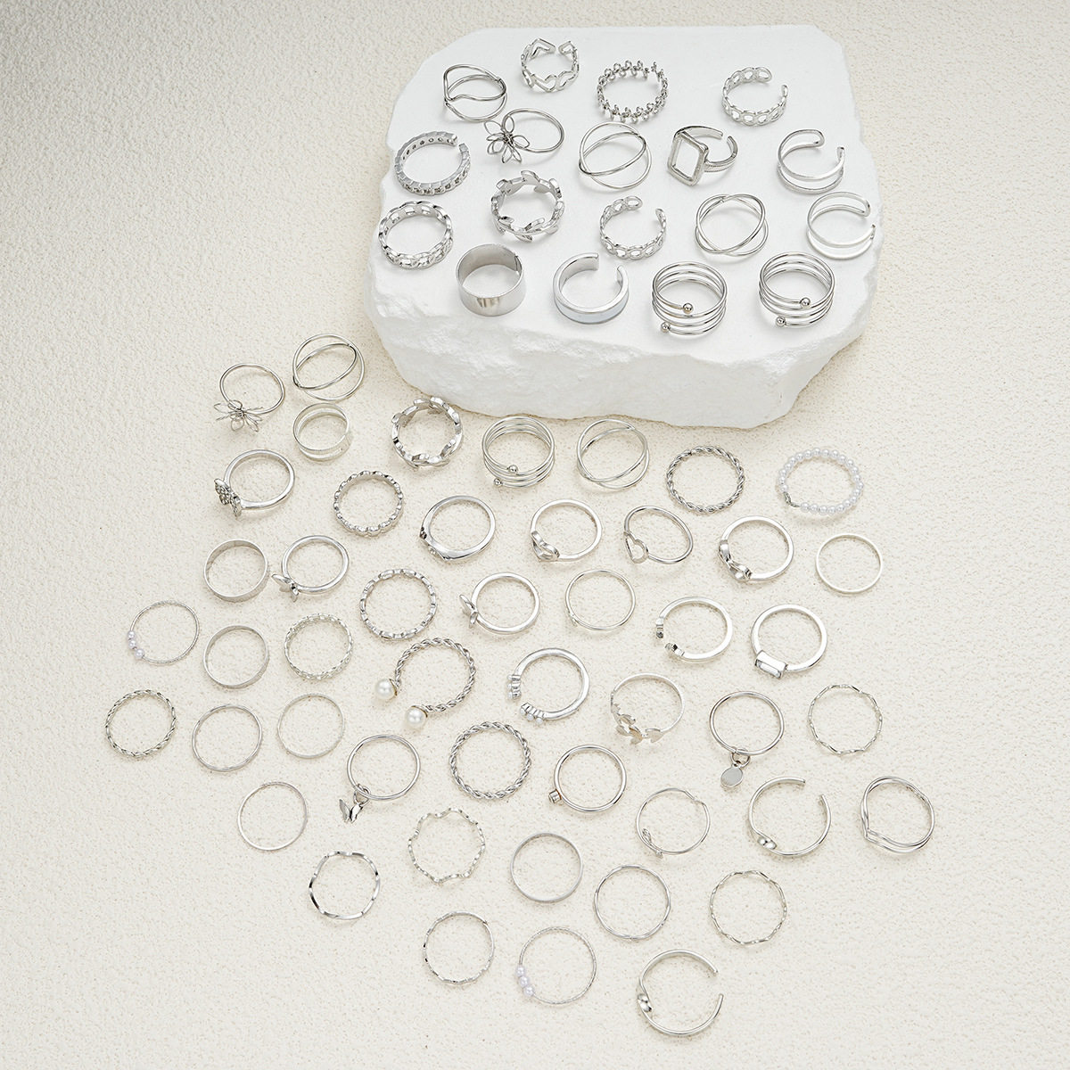 RINGS SET 66 PIECESCROSS-BORDER JEWELRY COLD WIND FLOWERS BUTTERFLIES SILVER RINGS SET OF 66 PIECES