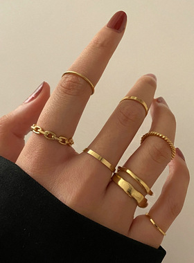 rings women 7-piece set 合金金色戒指女复古链条戒指套装7件套