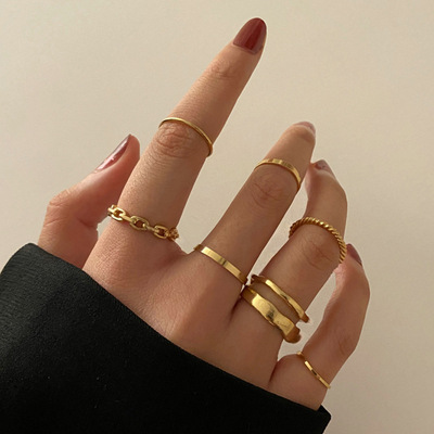 rings women 7-piece set 合金金色戒指女覆古炼条戒指组套7件套