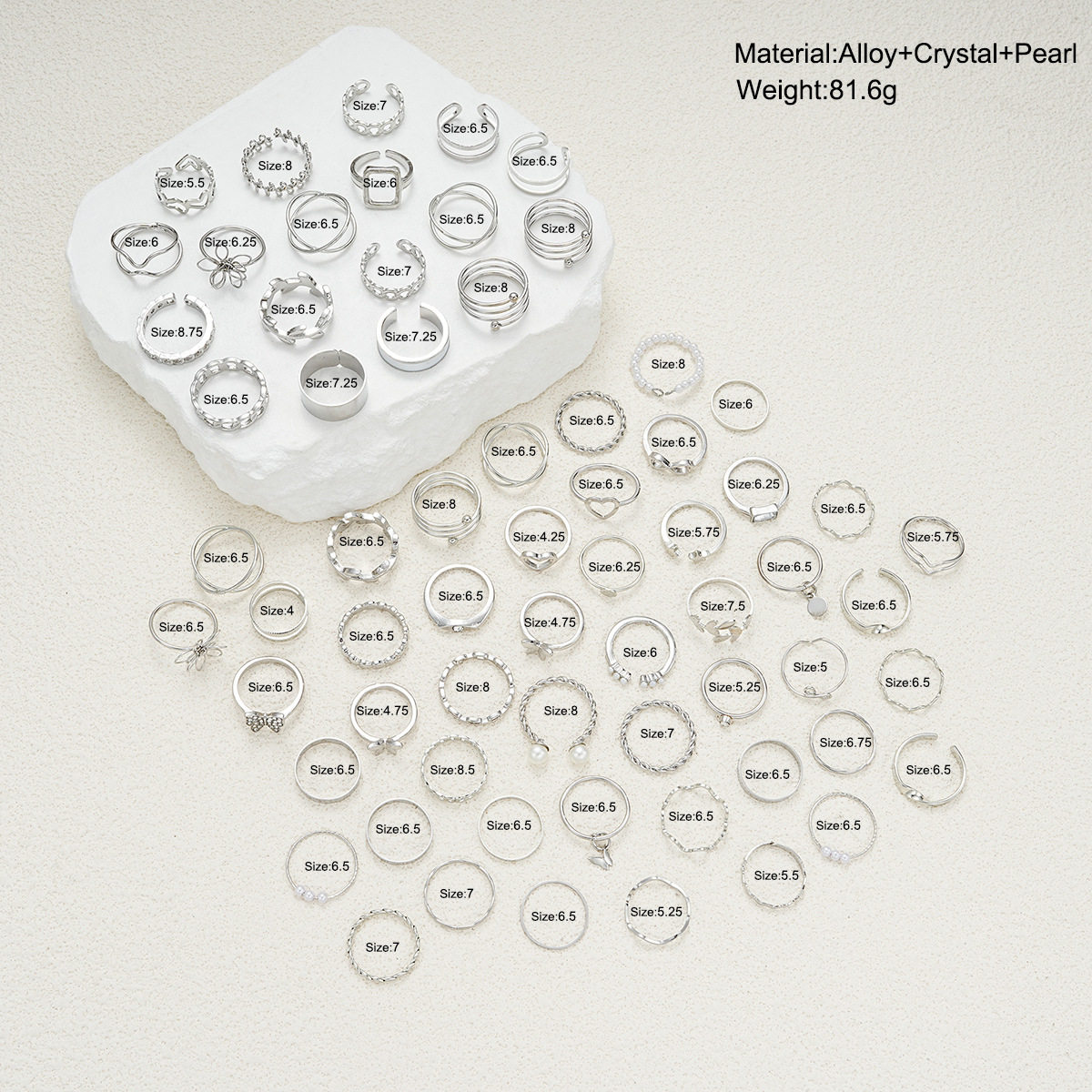 RINGS SET 66 PIECESCROSS-BORDER JEWELRY COLD WIND FLOWERS BUTTERFLIES SILVER RINGS SET OF 66 PIECES