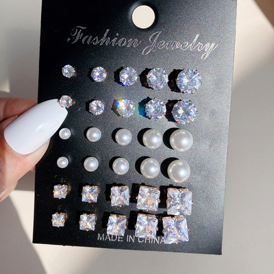 Crystal zircon set 15 pair of vintage Pearl Earrings耳针套装