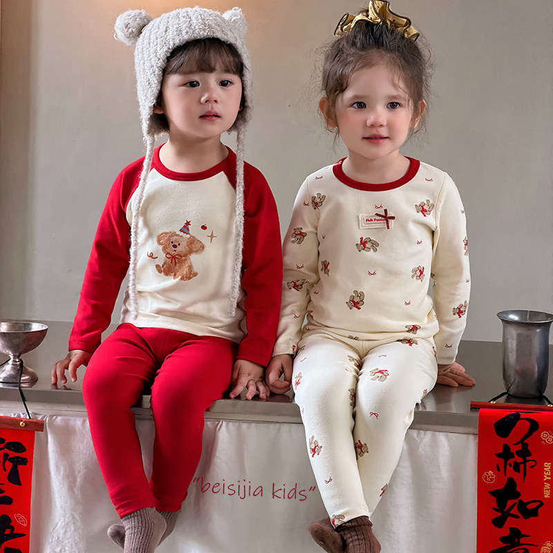 儿童秋衣套装男童女童内衣羊毛拉架家居服纯棉睡衣新年红色系列,童装/婴儿装/亲子装,内衣套装,淘宝优惠券,粉丝福利购,淘宝优惠卷