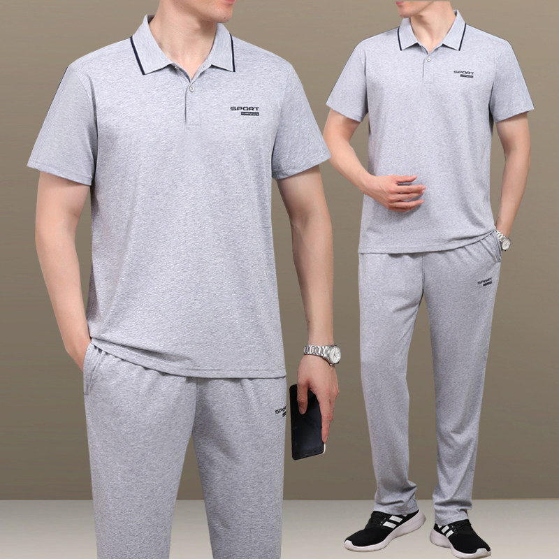 夏天季中老年男士爸爸装短袖长裤加大码商务休闲运动服套装中年男