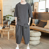 W61P75室内风风圆领加大码潮流时尚七分宽松休闲套装，男装休闲套装，电商A026