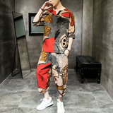 WY3P75室内风2024夏装新款风百搭潮时尚七分袖七分裤套装，男装休闲套装，电商A026