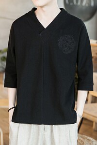 588 P45 咖啡厅 风棉麻加肥加大潮流宽松百搭七分袖T恤图片