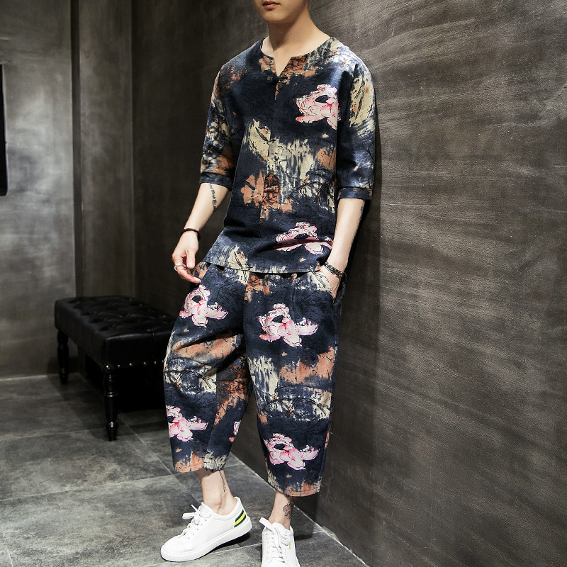 WY1P75室内风2024夏装新款百搭V领盘扣七分袖七分裤花亚麻套装,男装休闲套装,电商A026