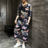 WY1P75室内风2024夏装新款百搭V领盘扣七分袖七分裤花亚麻套装，男装休闲套装，电商A026