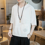 583P45咖啡厅风棉麻七分袖加大码T，男装T恤，电商A026