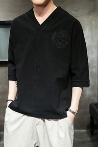 588 P45 室内风棉麻V领潮流宽松时尚绣花风加大码七分袖T恤图片