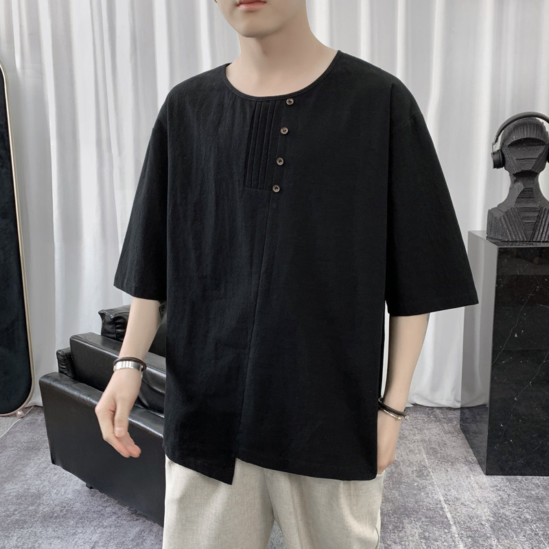 T8889P45短句风纽扣撞色纯色百搭宽松休闲七分袖加大码T恤简约,男装T恤,电商A026