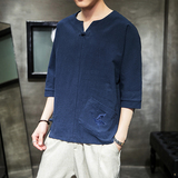 587P45室内风风七分袖棉麻仙鹤刺绣加大码T恤，男装T恤，电商A026