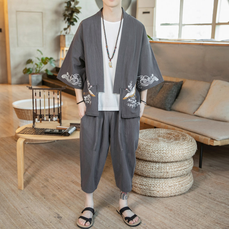 A611P90咖啡厅亚麻风宽松百搭时尚仙鹤绣花七分汉服套装，男装休闲套装，电商A026