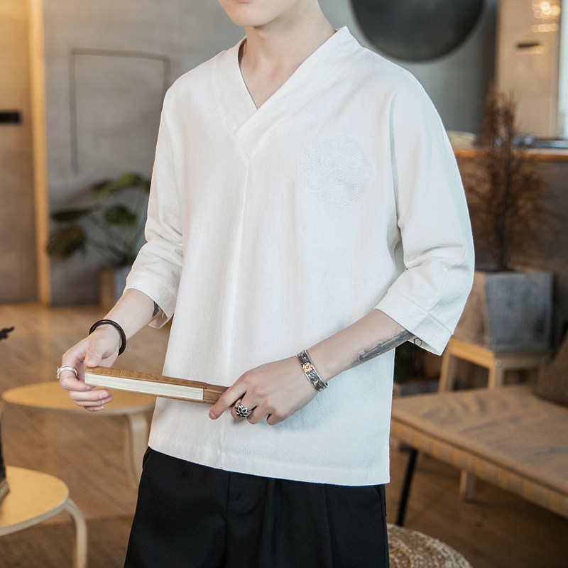 588P45咖啡厅2024夏装新款棉麻潮宽松时尚风七分袖大码T恤,男装T恤,电商A026