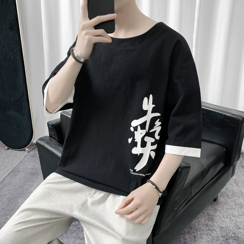 T8887P45短句风牛气冲天印花拼接撞色七分袖青年棉麻T恤宽松,男装T恤,电商A026