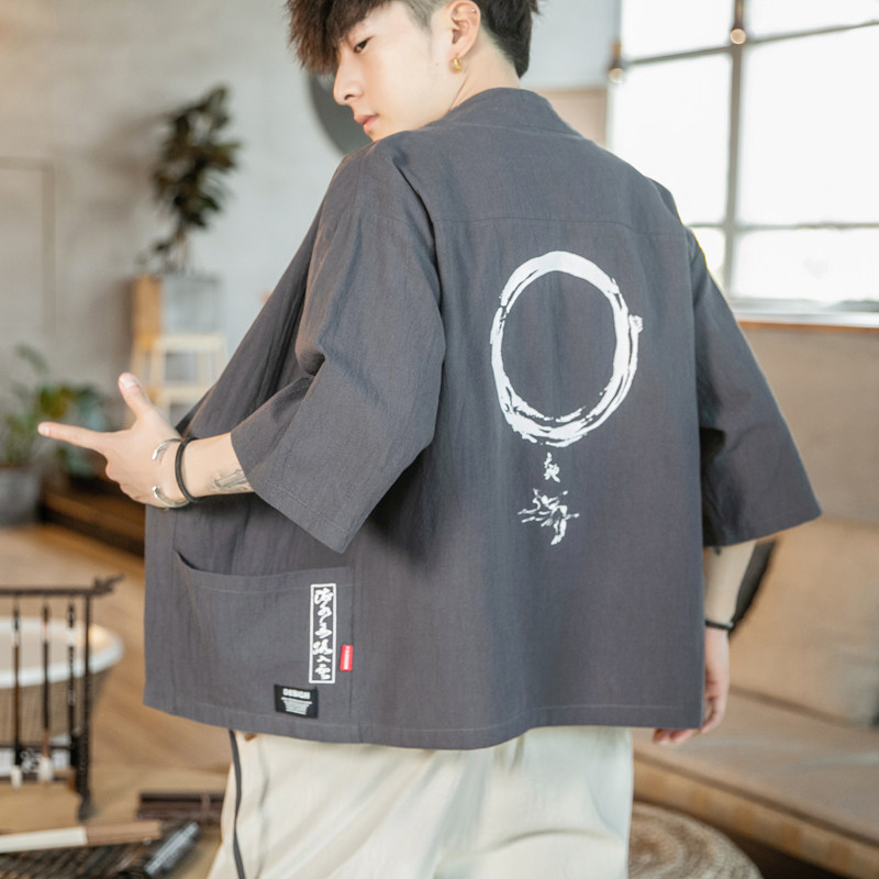 F868P45咖啡厅2024夏装新款风七分袖亚麻潮印花开衫汉服,男装民族服装,电商A026