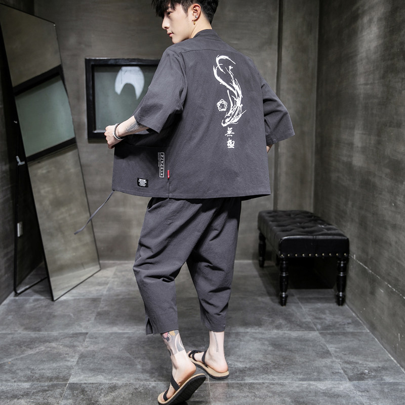 A70P60室内风2024夏装新款风七分裤休闲大码汉服T恤套装,男装休闲套装,电商A026